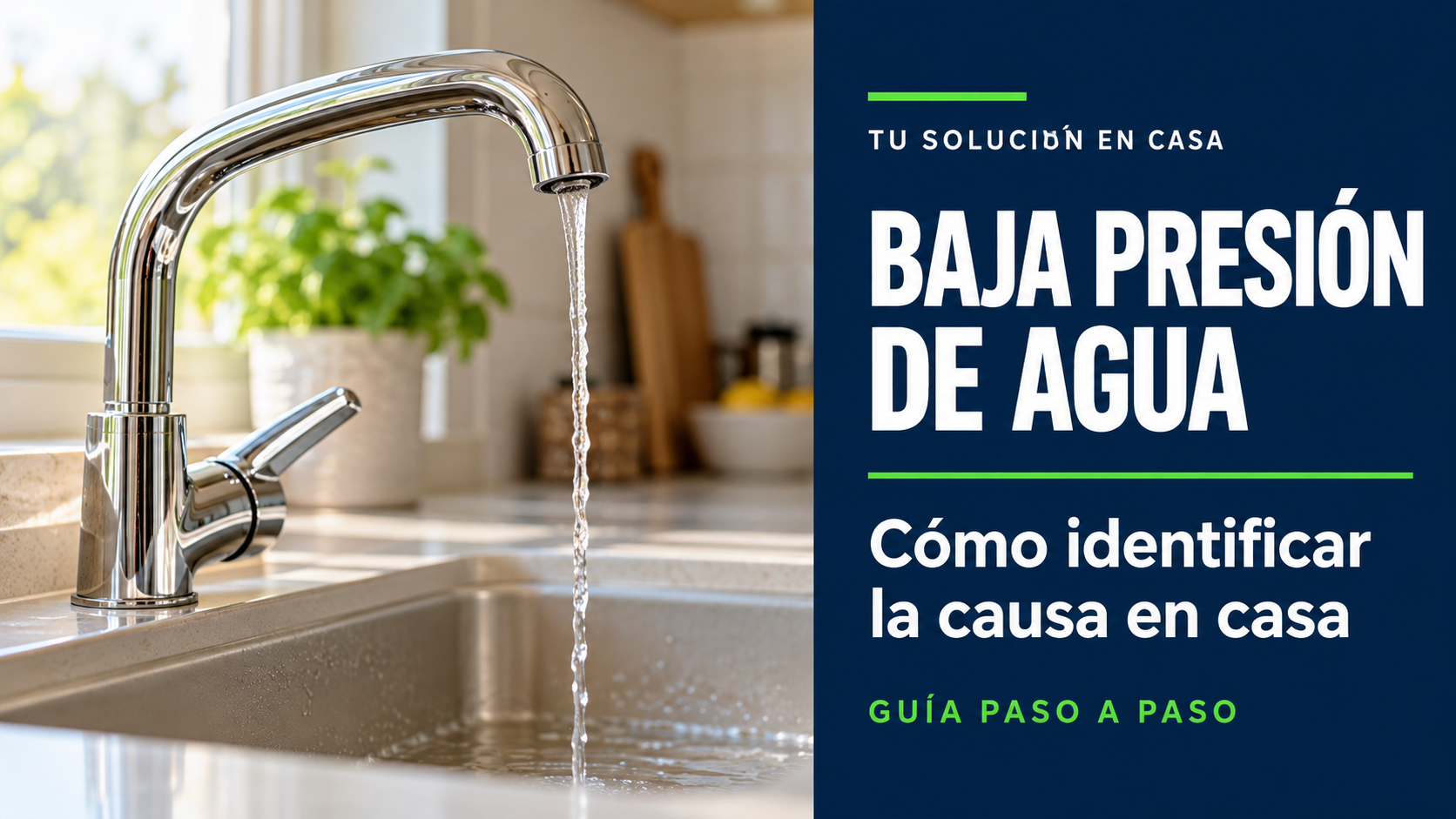 Grifo con un chorro de agua débil junto al título «Baja presión de agua: cómo identificar la causa en casa».