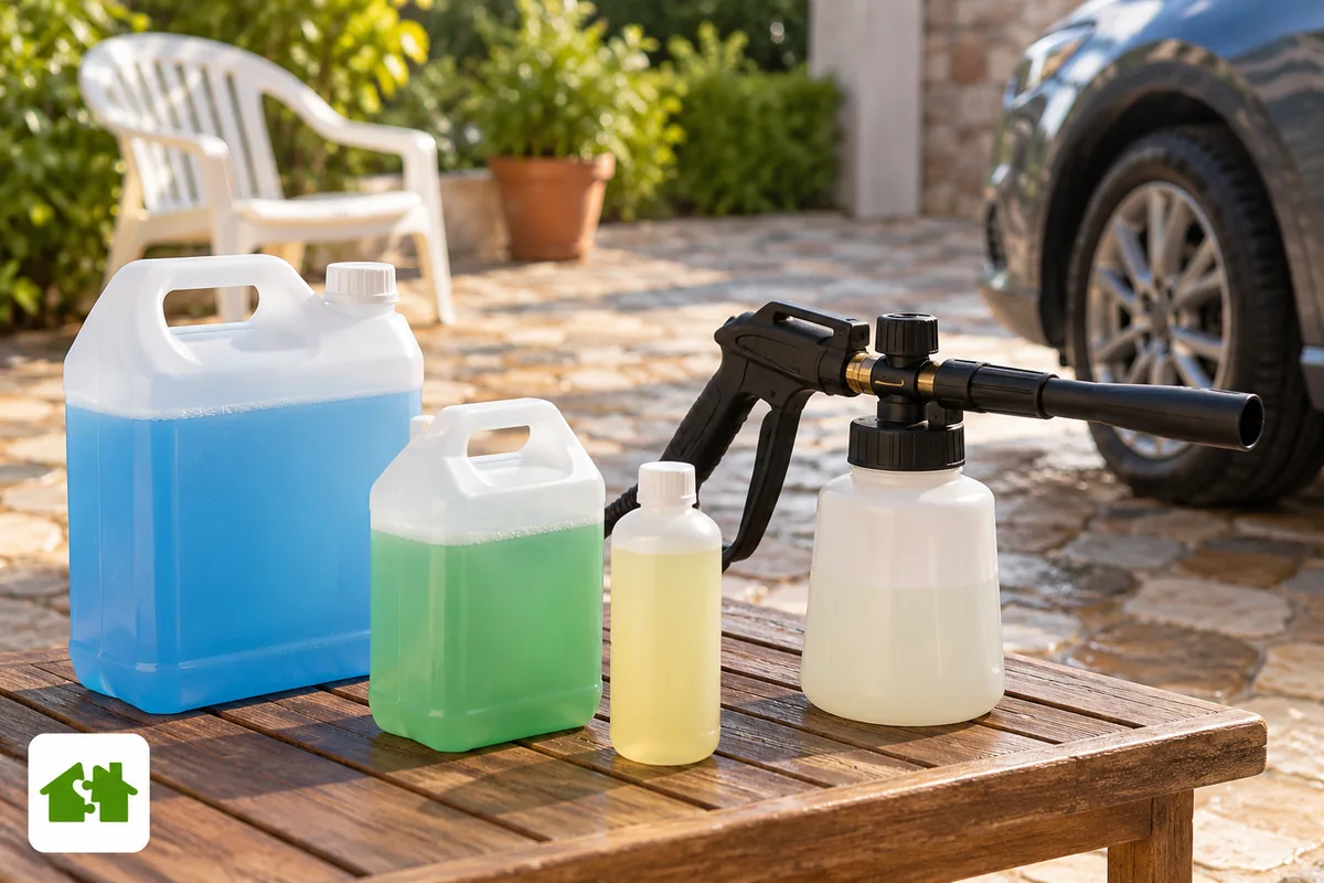 Envases de detergente y aplicador de espuma para limpieza exterior