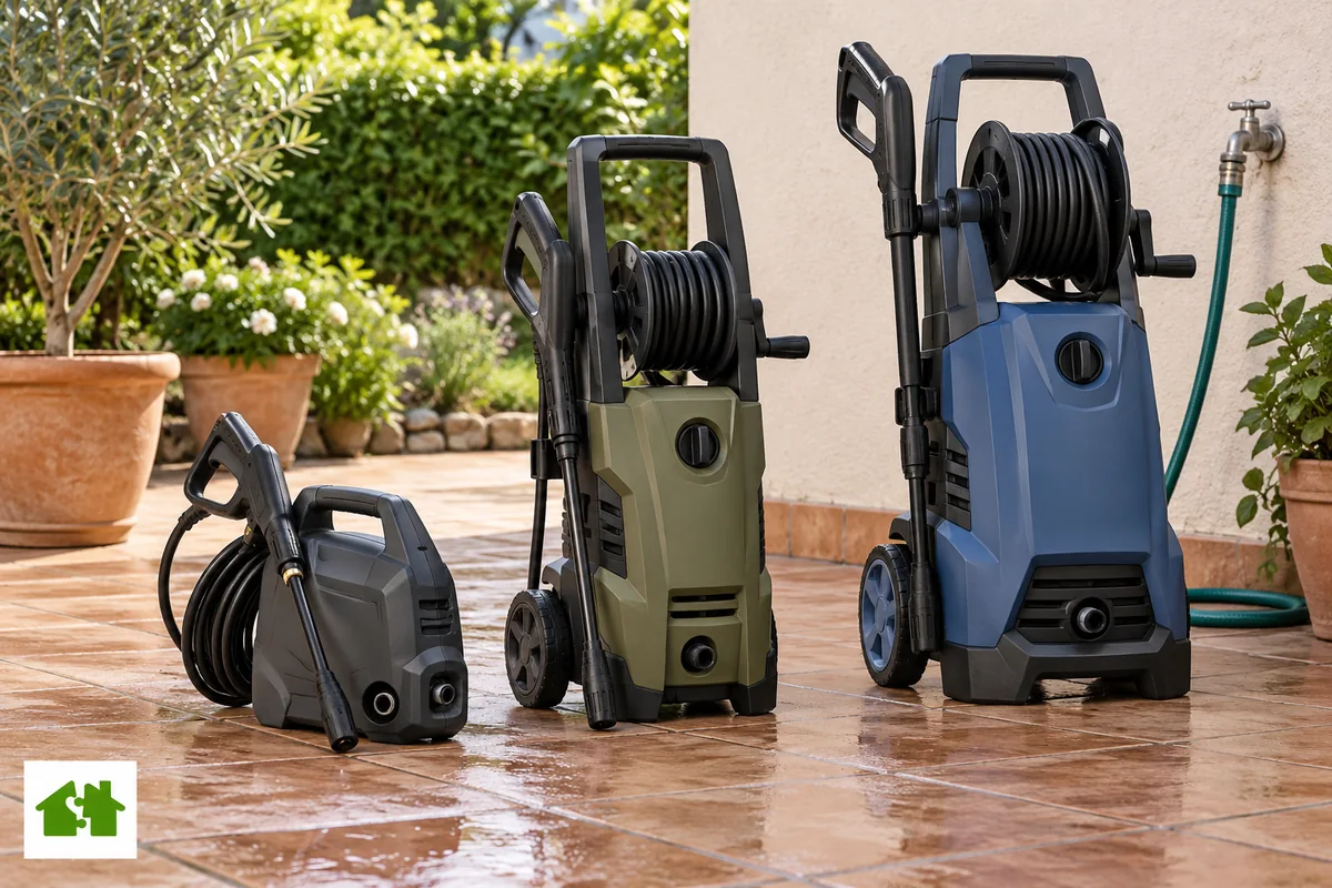 Tres hidrolimpiadoras eléctricas de distintos tamaños en un patio