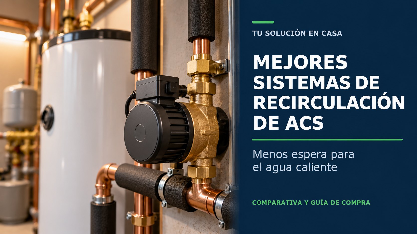 Bomba de recirculación junto a un acumulador de agua caliente y título de la comparativa
